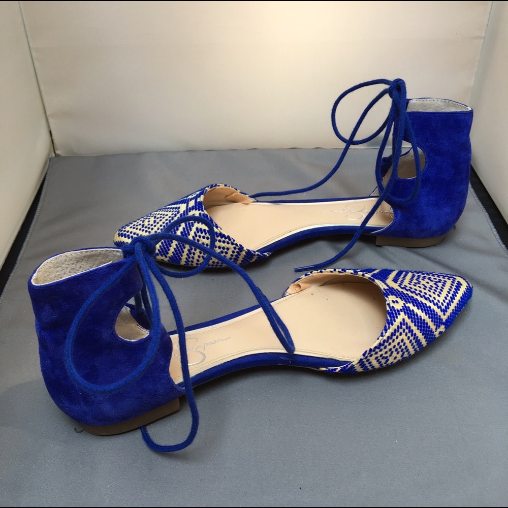 Jessica Simpson Royal Blue and White Embroidered Lace-Up Flats